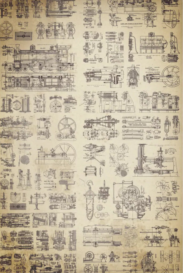 Decoupage Tissue Paper - Old Mechanical Drawings (50.8cm x 76.2cm) - Rustic Farmhouse Charm