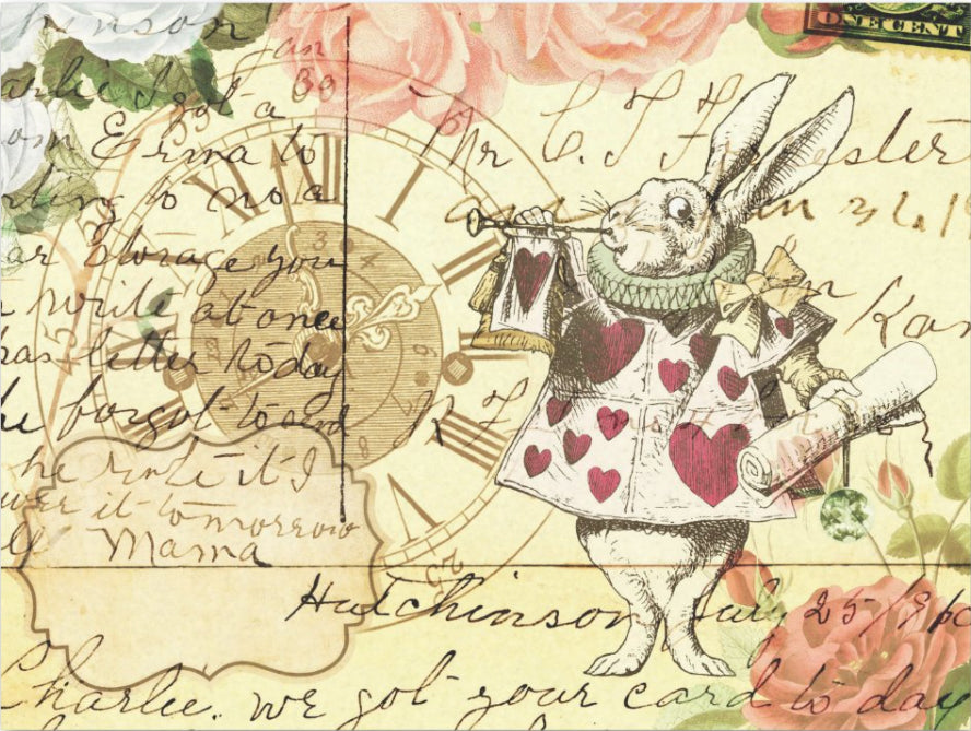 Decoupage Tissue Paper - Alice in Wonderland Rabbit Hearts Yellow Background (38.1cm x 50.8cm) - Rustic Farmhouse Charm