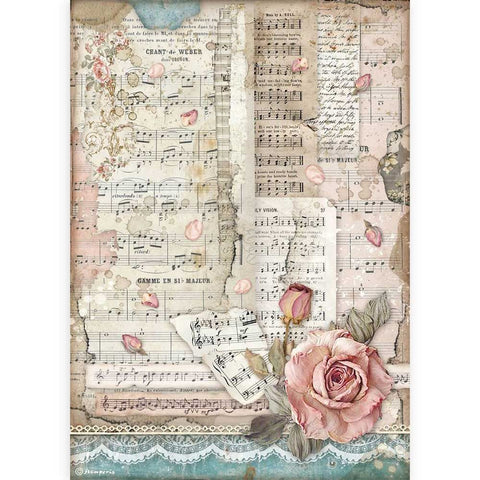 ROSES & MUSIC Rice Paper by Stamperia (A4) - Rustic Farmhouse Charm