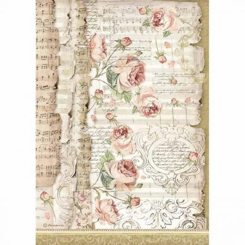 ROSES & MUSIC Rice Paper by Stamperia (A4) - Rustic Farmhouse Charm