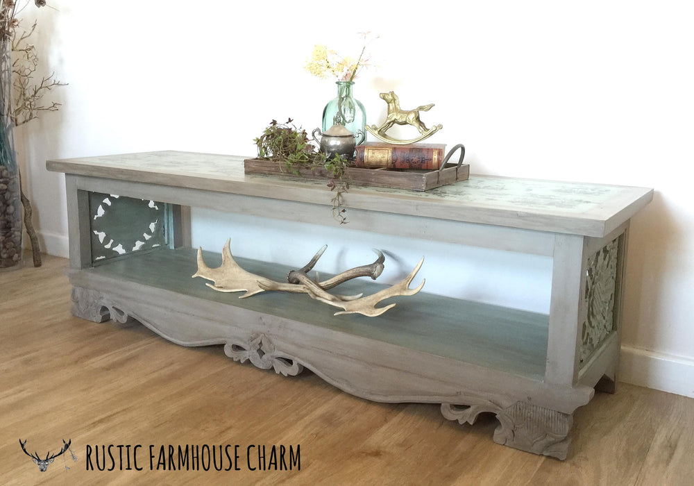 Carved Chinoiserie Lowline Bench Shelves - Rustic Farmhouse Charm