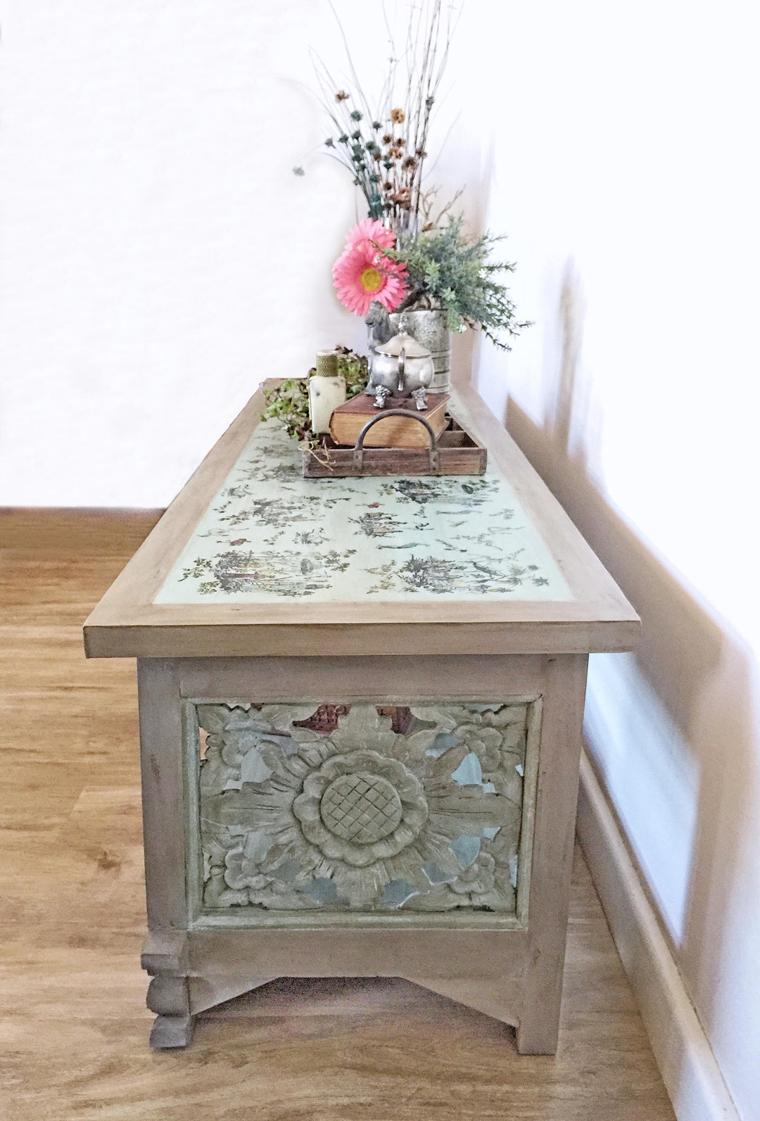 Carved Chinoiserie Lowline Bench Shelves - Rustic Farmhouse Charm
