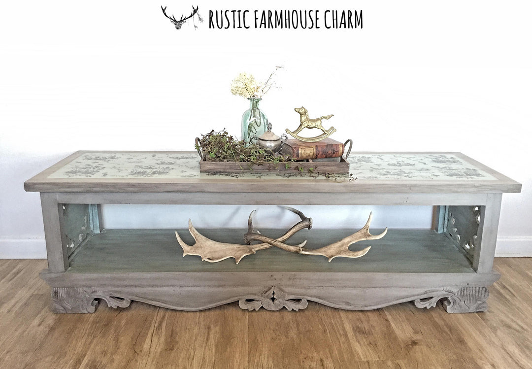 Carved Chinoiserie Lowline Bench Shelves - Rustic Farmhouse Charm