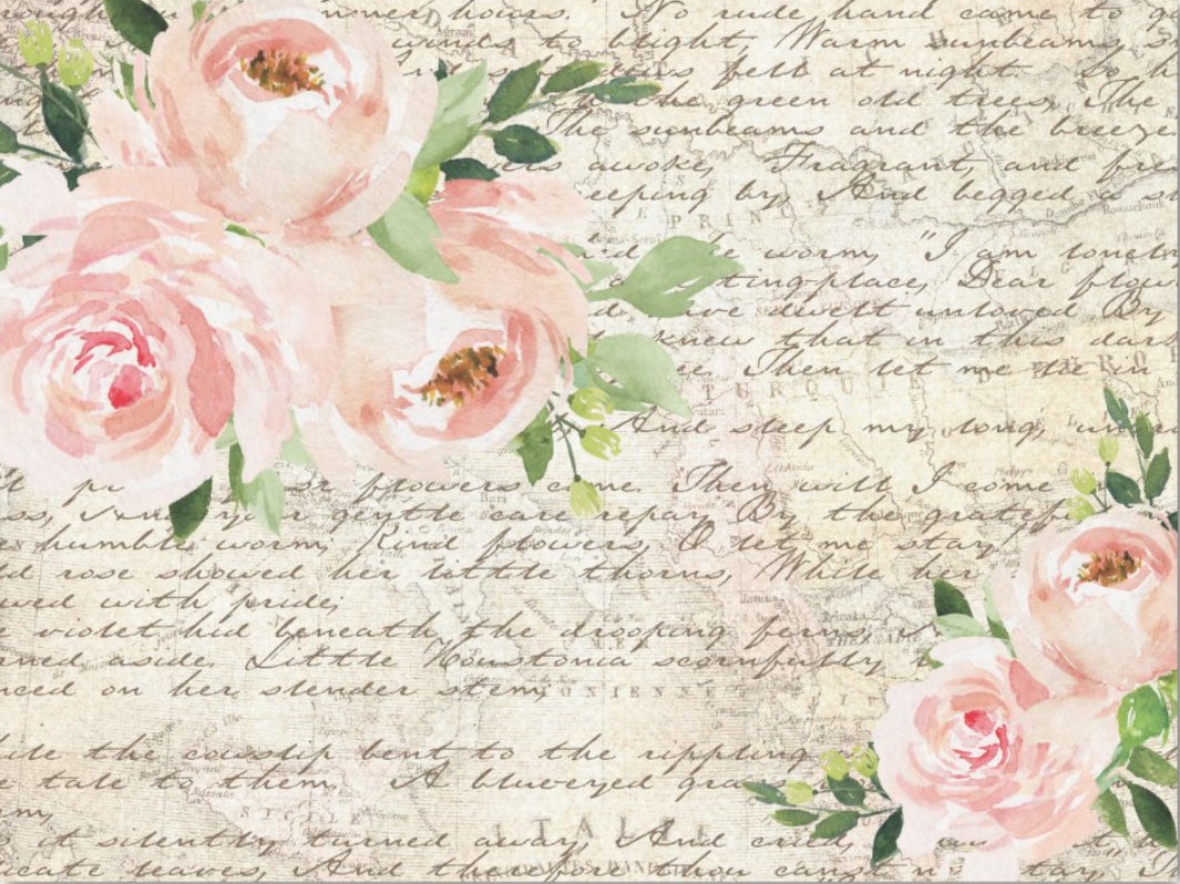 Decoupage Tissue Paper - Vintage Roses on Handwritten Letter (2 sizes) - Rustic Farmhouse Charm