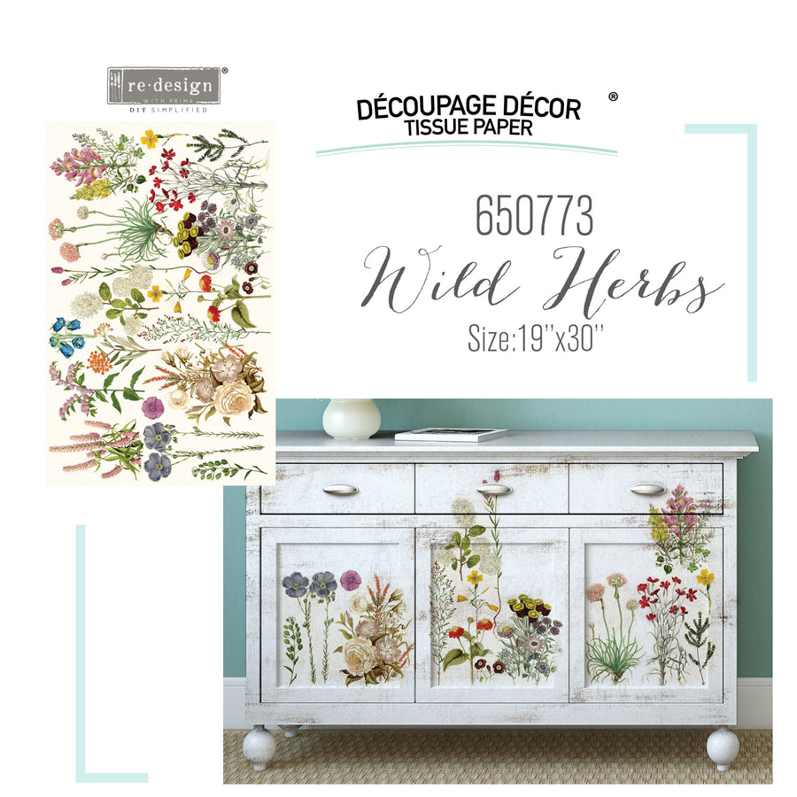 WILD HERBS Redesign Decoupage Tissue Paper 48.26cm x 76.2cm - Rustic Farmhouse Charm