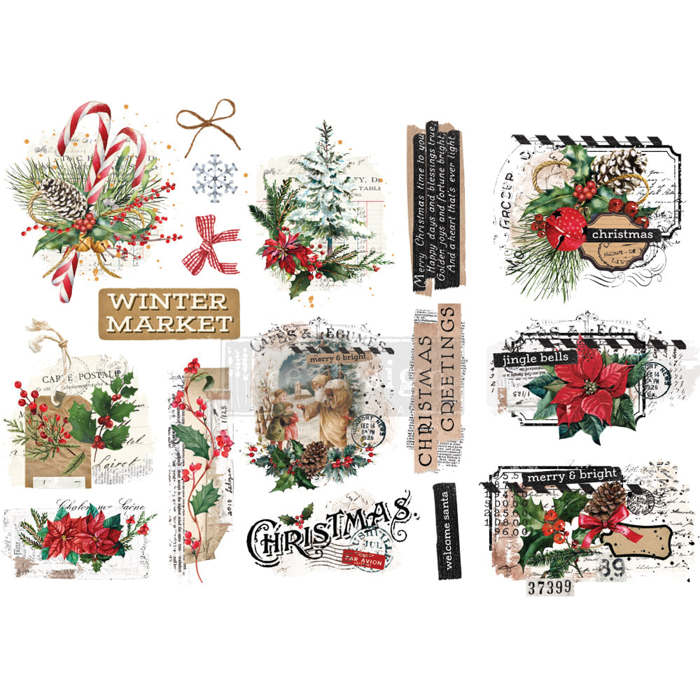 NEW! XMAS TAG Redesign Transfer (3 sheets, each 15.24cm x 30.48cm) - Rustic Farmhouse Charm