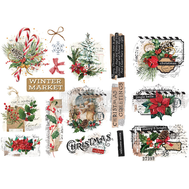 NEW! XMAS TAG Redesign Transfer (3 sheets, each 15.24cm x 30.48cm) - Rustic Farmhouse Charm