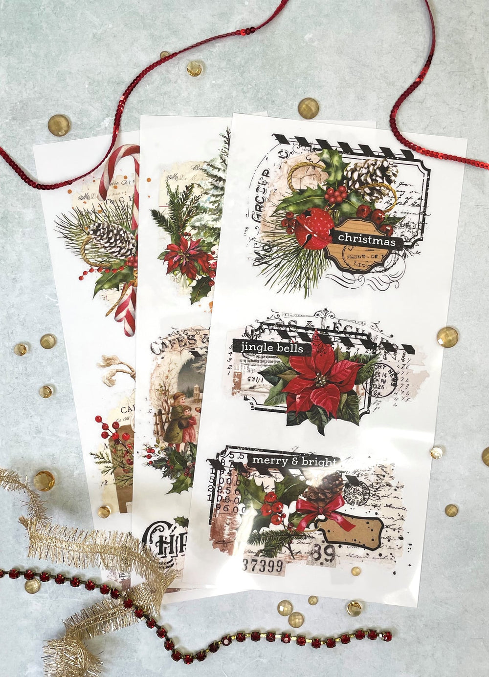 NEW! XMAS TAG Redesign Transfer (3 sheets, each 15.24cm x 30.48cm) - Rustic Farmhouse Charm